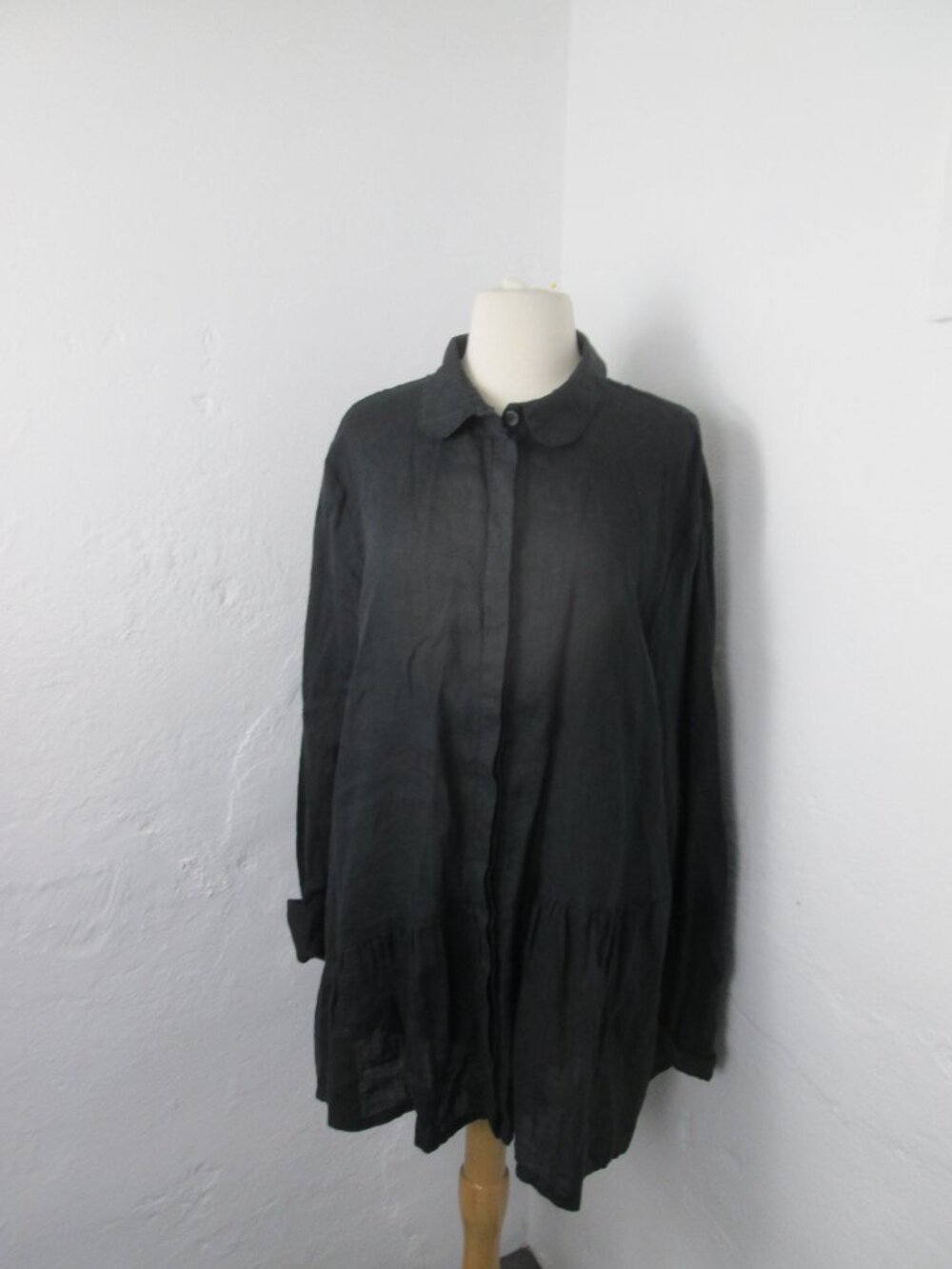FLAX Designs 100% Linen Black Button Down Tunic Shirt Women's L